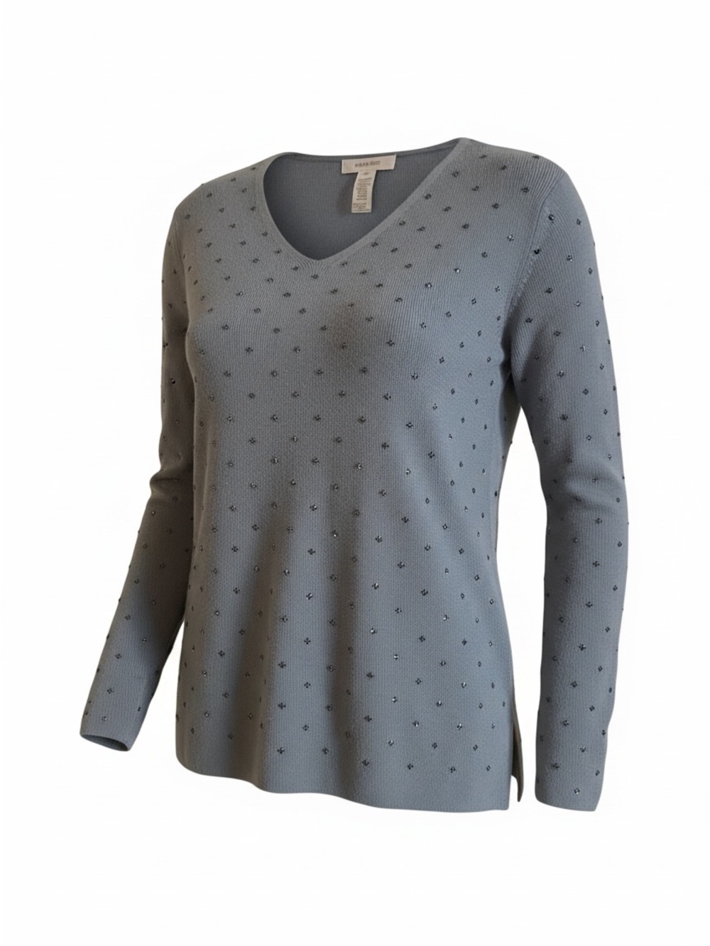 Embellished V‑Neck Lambswool Sweater in Soft Grey